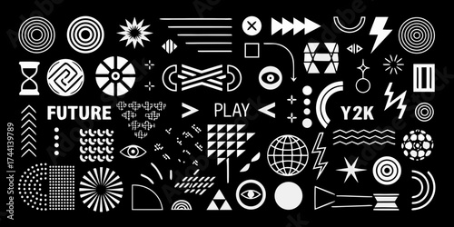 Collection of y2k and futuristic abstract graphic design elements and symbols on a black background