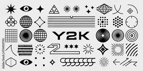 Collection of y2k inspired abstract geometric shapes and symbols in black and white