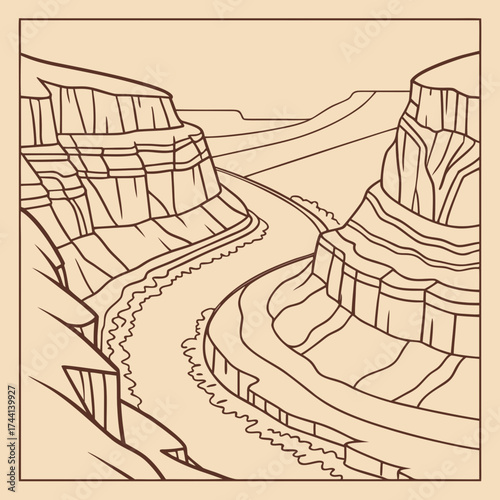 Stylized illustration of a winding river flowing through a grand canyon landscape