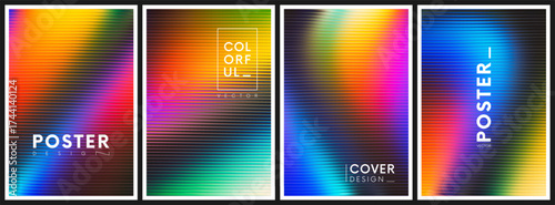 Set of colorful posters with futuristic fractal glass effect and luminous gradient waves. Light waves create dynamic and vivid atmosphere full of energy and motion. Vivid neon colors blend and reflect