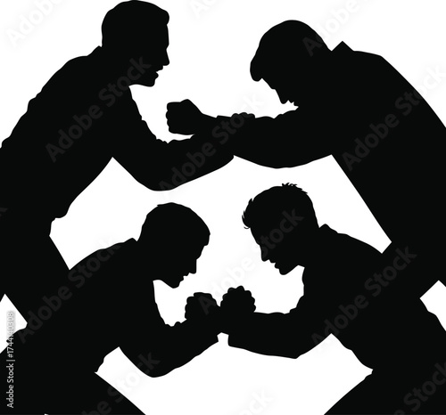 Men Arm Wrestling Silhouette. Concept of Intense Business Competition, Corporate Rivalry, Power, and Strength Challenge