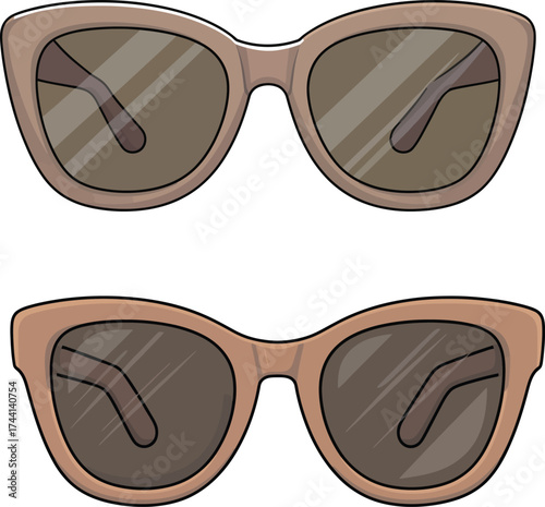 Stylish Beige Cat Eye Sunglasses Set. Fashionable Summer Eyewear Accessory and Protection from Sun Rays Vector