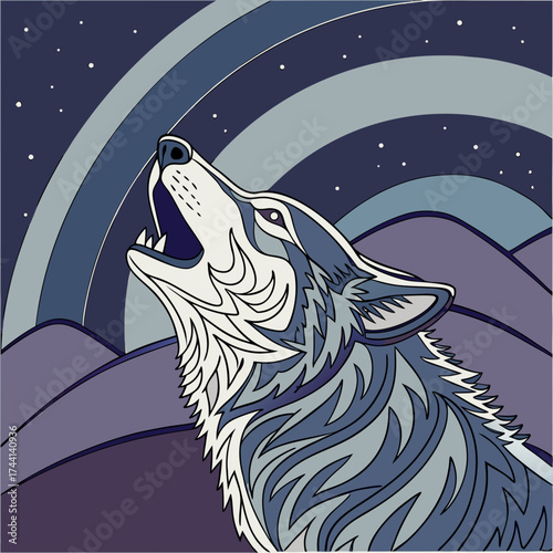 Stylized wolf howling at the night sky with aurora borealis