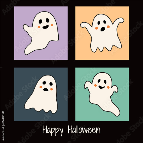 Grid of four vector icons: smiling ghosts in playful poses with flushed cheeks in pastel tones on a dark background. For Halloween greetings, invitations, stickers, posts, clothing, card