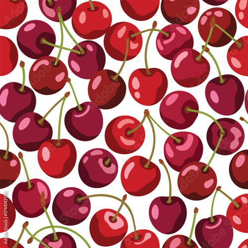Vibrant Red Cherries Seamless Pattern Background. Repeating Summer Berry Design for Food, Packaging, and Decoration