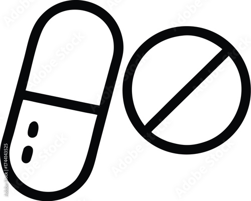 Pill capsule icon. Medical drug symbol. Pharmacy logo concept. Simple line art for healthcare, treatment, vitamin, or antibiotic dose. Vector tablet or painkiller graphic.