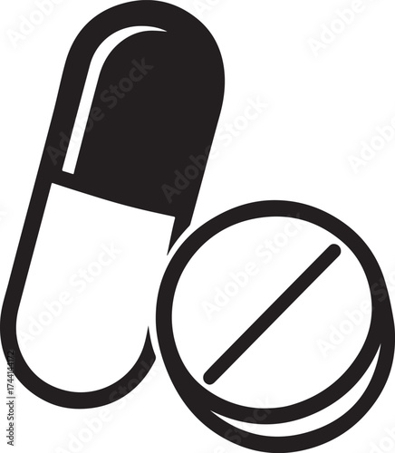Pill capsule icon. Medical drug symbol. Pharmacy logo concept. Simple line art for healthcare, treatment, vitamin, or antibiotic dose. Vector tablet or painkiller graphic.