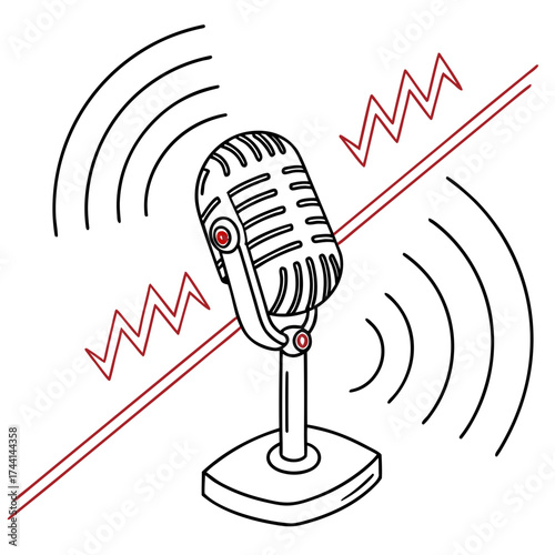 Vintage microphone broadcasting sound waves and audio signal