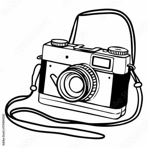 Vintage camera with strap line art illustration