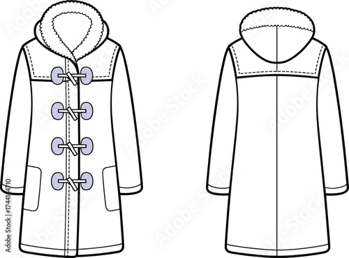 Front and Back Technical Sketch of Hooded Duffle Coat with Shearling Lining, Toggle Closures, Patch Pockets, Yoke Detail, and Flared Outerwear Silhouette