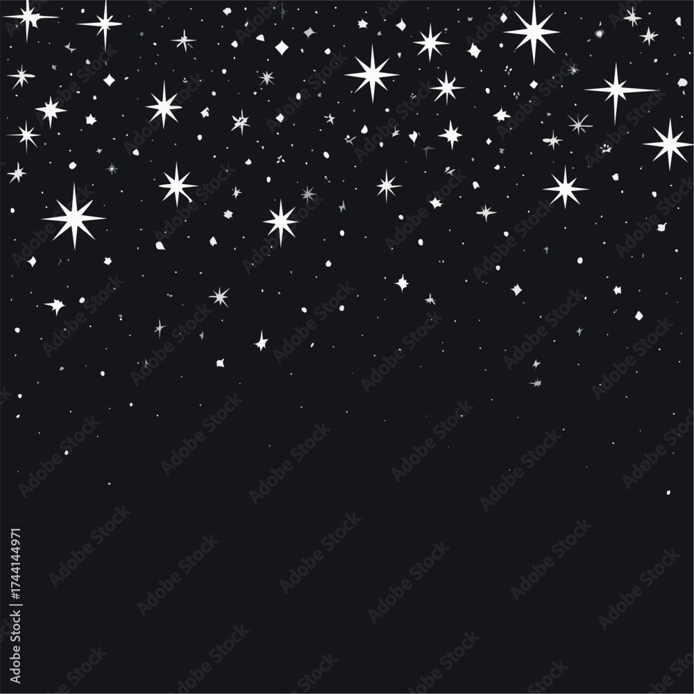 Fototapeta premium Night Sky with Stars Sparkling on Black Background, Sparkling Starry Night Background, Glowing Stars in Dark Sky, Beautiful Night Sky Vector Design