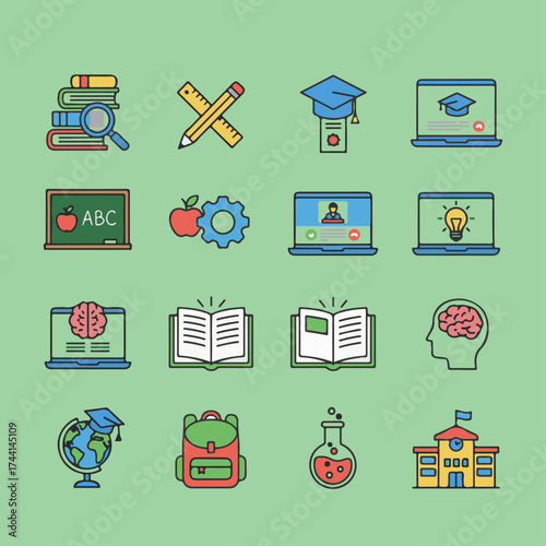 Education and learning vector icon set featuring books graduation caps online classes and academic symbols for schools