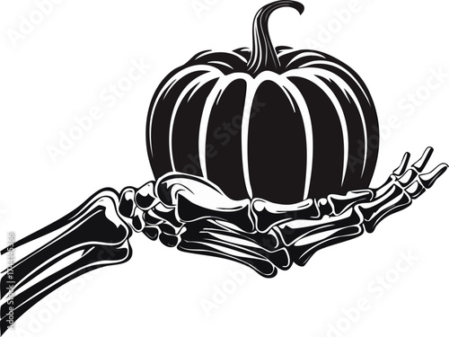 Skeleton hand silhouette holding pumpkin halloween line drawing spooky vector art, Halloween skeleton hand with pumpkin vector, Creepy hand holding jack o lantern silhouette, Spooky skeleton hand hall
