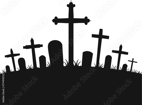 Spooky graveyard silhouette with cross tombstones creepy halloween cemetery vector art, Halloween graveyard silhouette vector, Haunted cemetery cross tombstone design, Creepy halloween graveyard