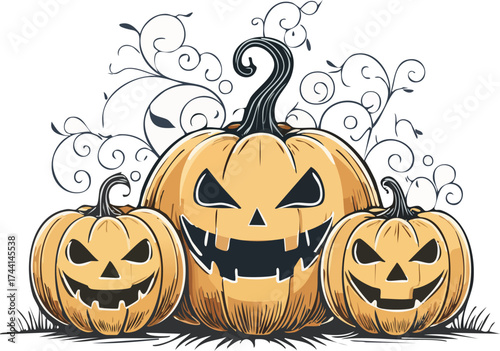 Spooky halloween pumpkin patch line art minimal jack o lantern silhouettes isolated vector, Halloween pumpkin patch outline vector, Scary jack o lantern silhouettes design, Spooky halloween pumpkin 