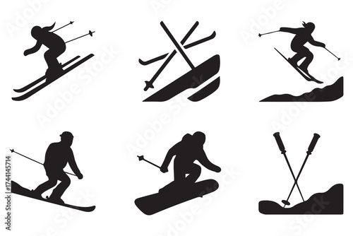 silhouette ski and sticks icon set. Vector Black silhouettes. with white background