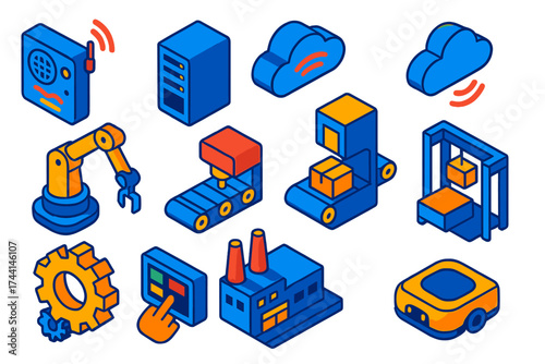 Smart Factory Icons. Isometric vector illustration set Factory IoT Systems: sensors, data server, cloud icon, control panel,