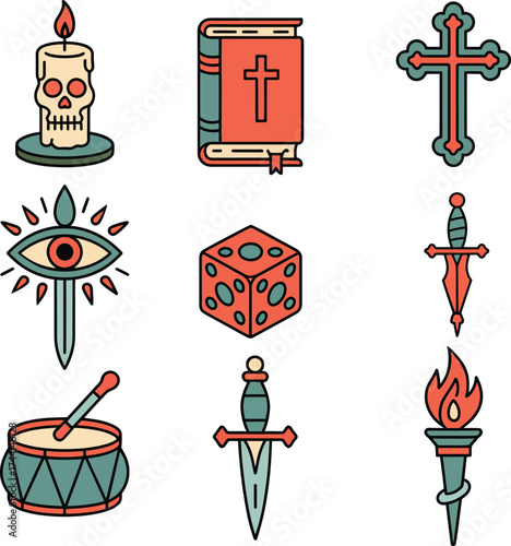 Occult and religious symbols candle skull bible cross dice dagger drum torch 