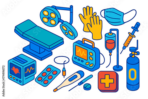 Surgical Unit Icons. Isometric vector illustration set Surgical Unit: surgical table, lights, gloves, face mask, heart monitor,