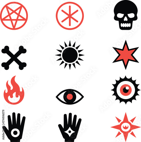 Occult symbols pentagram sun eye flame hand star skull 