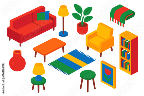Cozy Interior Icons. Isometric vector illustration set Cozy Interior: sofa, floor lamp, potted plant, throw blanket, armchair,
