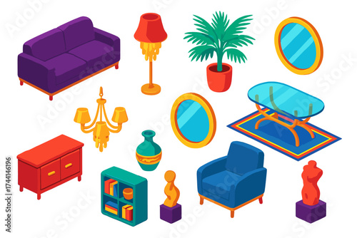 Luxury Lounge Interiors. Isometric vector illustration set Luxury Lounge: sofa, crystal floor lamp, large potted palm, glass