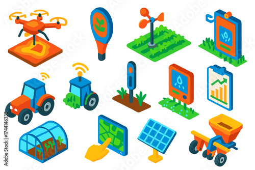 Crop Tech Icons. Isometric vector illustration set Crop Monitoring Technology: drone mapping, crop health sensor, weather station,