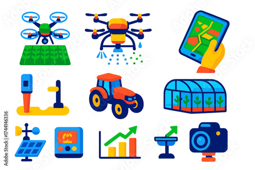 Agriculture Drone Innovations. Isometric vector illustration set Drone Agriculture Applications: crop health mapping drone,