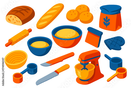 Artisan Bread Essentials. Isometric vector illustration set Artisan Bread Making: sourdough loaf, baguette, bread rolls, rolling