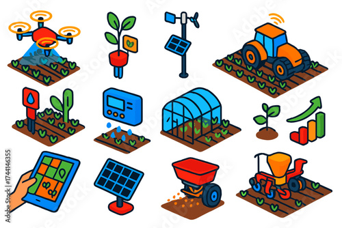 Crop Tech Icons. Isometric vector illustration set Crop Monitoring Technology: drone mapping, crop health sensor, weather station,