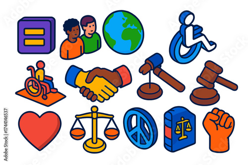 Equal Opportunities Icons. Isometric vector illustration set Equal Opportunities: equality sign, diverse people, globe,