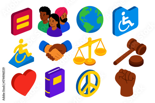 Equal Opportunities Icons. Isometric vector illustration set Equal Opportunities: equality sign, diverse people, globe,