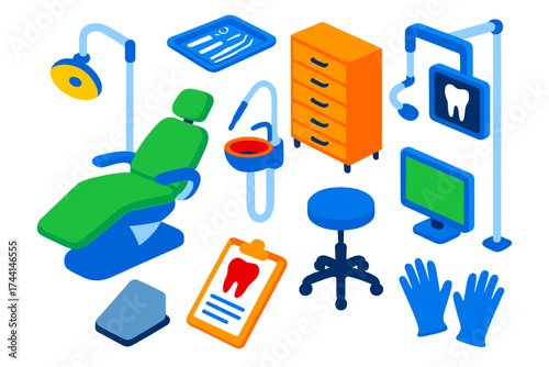 Dental Clinic Equipment. Isometric vector illustration set Dental clinic: dental chair, overhead lamp, suction tool, spittoon,
