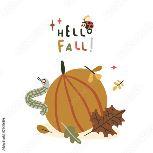 Hello fall. Vector cute illustration of  leaves, ladybug, caterpillar, pumpkin for background, greeting card, invitation, poster or background.