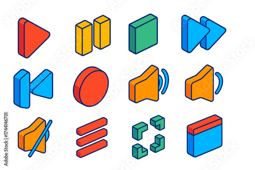 Colorful Media Controls. Isometric vector illustration set Media controls: play button, pause button, stop button, fast forward,