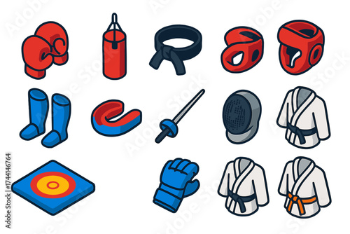 Mini Combat Sports Gear. Isometric vector illustration set Mini combat sports: boxing gloves, punching bag, martial arts belt,