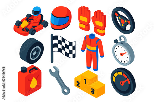 Mini Motor Sports Icons. Isometric vector illustration set Mini motor sports: go-kart, racing helmet, racing gloves, steering