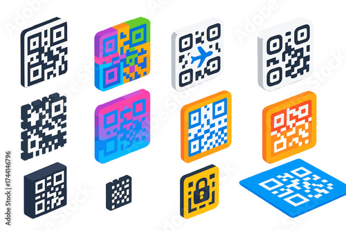 Diverse QR Code Styles. Isometric vector illustration set QR code formats: standard black QR code, colorful QR code, QR code with