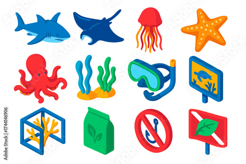 Marine Life Icons. Isometric vector illustration set Marine life protection: shark, manta ray, jellyfish, starfish, octopus,