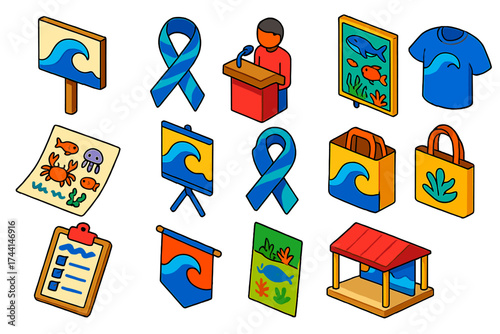 Ocean Advocacy Icons. Isometric vector illustration set Ocean advocacy: protest sign save the ocean, awareness ribbon with wave,