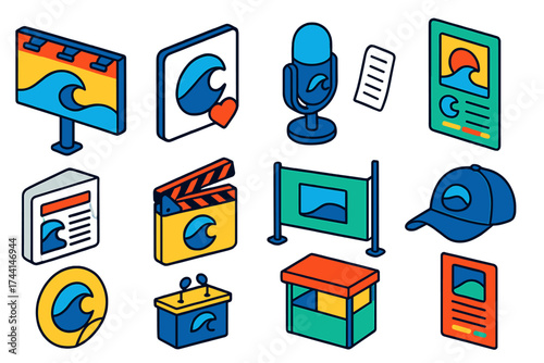Ocean Awareness Campaigns. Isometric vector illustration set Ocean awareness campaigns: billboard save the ocean, social media