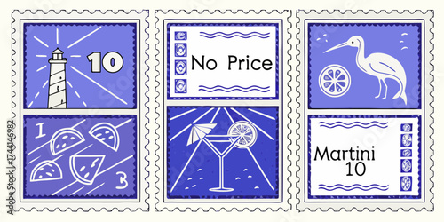 Collection of six whimsical postage stamps featuring a lighthouse martini watermelon slices a bird and text
