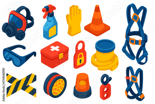 Industrial Safety Equipment. Isometric vector illustration set Industrial emergency: gas mask, chemical sanitizer, insulated