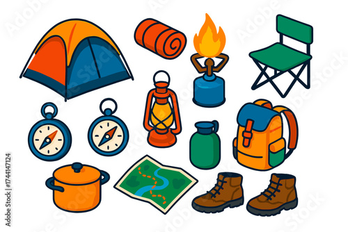 Camping Essentials Icons. Isometric vector illustration set Camping essentials: dome tent, rolled sleeping bag, portable camping