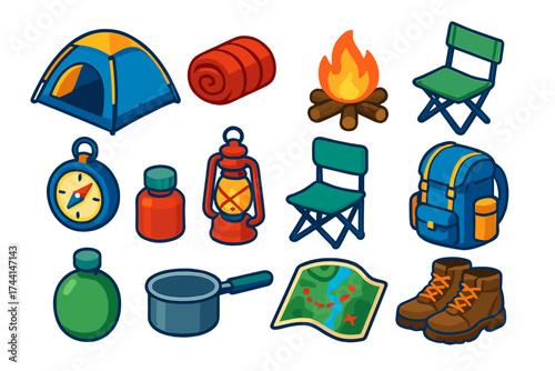Camping Essentials Icons. Isometric vector illustration set Camping essentials: dome tent, rolled sleeping bag, portable camping