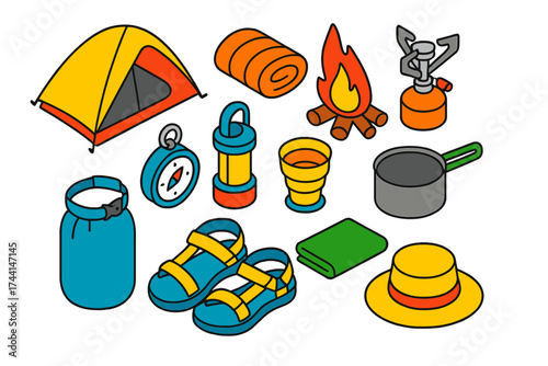 Minimalist Backpacking Gear. Isometric vector illustration set Minimalist backpacking gear: ultralight tent, compact sleeping bag,