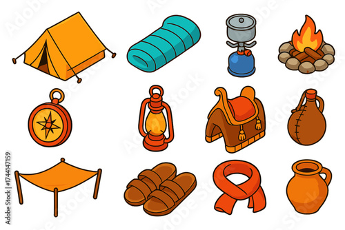 Desert Camping Gear Icons. Isometric vector illustration set Desert camping: sand-colored tent, light sleeping bag, windproof