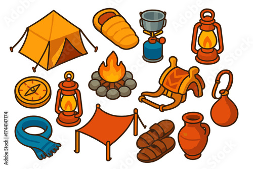 Desert Camping Gear Icons. Isometric vector illustration set Desert camping: sand-colored tent, light sleeping bag, windproof