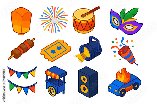 Festival Celebration Icons. Isometric vector illustration set Festival celebration: paper lantern, colorful firework burst,