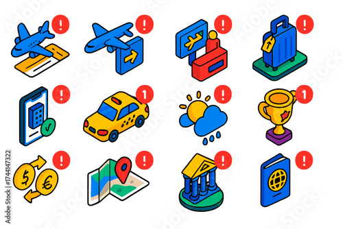 Travel App Notifications. Isometric vector illustration set Travel app notifications: flight boarding alert, gate change notice,